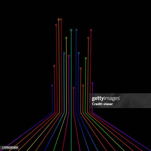 ilustrações, clipart, desenhos animados e ícones de esta perspectiva 3d ilustra fios de conexão multicoloridos vibrantes e fibras dispostas paralelamente no chão e ascendendo na parede. - paralelo