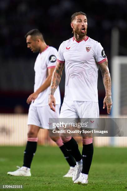 Sergio Ramos of Sevilla FC reacts during the LaLiga EA Sports match between FC Barcelona and Sevilla FC at Estadi Olimpic Lluis Companys on September...