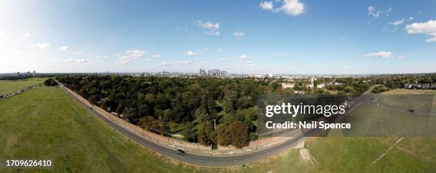 view of canary wharf from blackheath - canada tower stock pictures, royalty-free photos & images