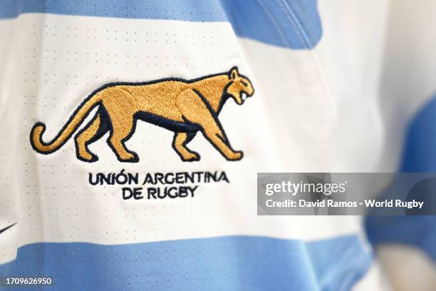 Detailed view of the Union Argentina De Rugby and Puma logo on the front of a match shirt in the Argentina changing room prior to the Rugby World Cup...