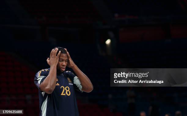 Guerschon Yabusele, #28 of Real Madrid during the warm-up prior to the 2023-24 Turkish Airlines EuroLeague Regular Season Round 1 game between...