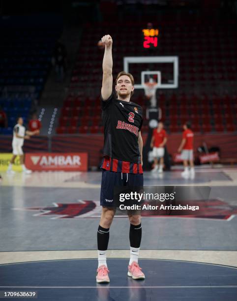 Sander Raieste, #2 of Baskonia Vitoria Gasteiz warms up prior to the 2023-24 Turkish Airlines EuroLeague Regular Season Round 1 game between Baskonia...