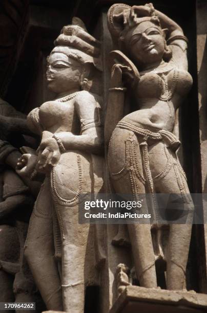 Stone carvings at Laxman temple, Khajuraho, Madhya Pradesh, India.