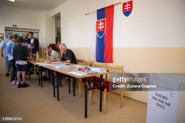 General view on a district election commission in Pezinok during Slovak parliamentary elections on September 30, 2023 in Pezinok, Slovakia. The...
