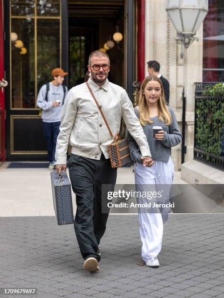 David Beckham and Harper Beckham are seen during the Womenswear Spring/Summer 2024 as part of Paris Fashion Week on September 30, 2023 in Paris,...