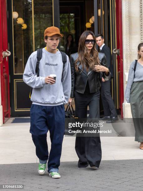 Victoria Beckham and Cruz Beckham are seen during the Womenswear Spring/Summer 2024 as part of Paris Fashion Week on September 30, 2023 in Paris,...