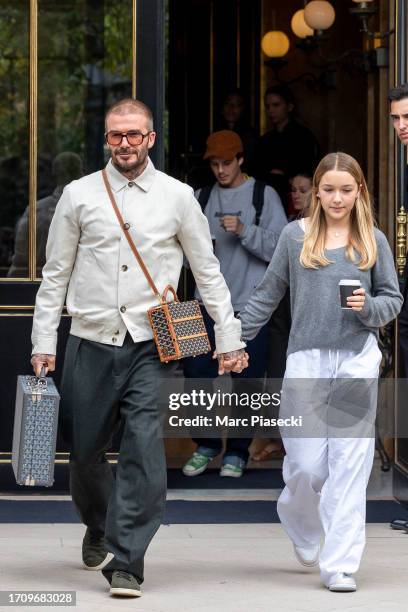 David Beckham and daughter Harper Beckham are seen on September 30, 2023 in Paris, France.