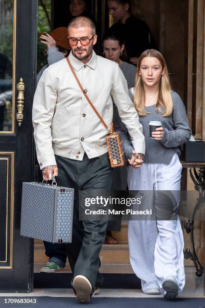 David Beckham and daughter Harper Beckham are seen on September 30, 2023 in Paris, France.