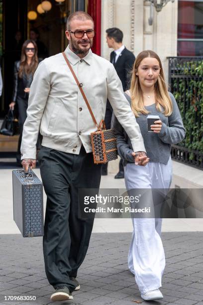 David Beckham and daughter Harper Beckham are seen on September 30, 2023 in Paris, France.