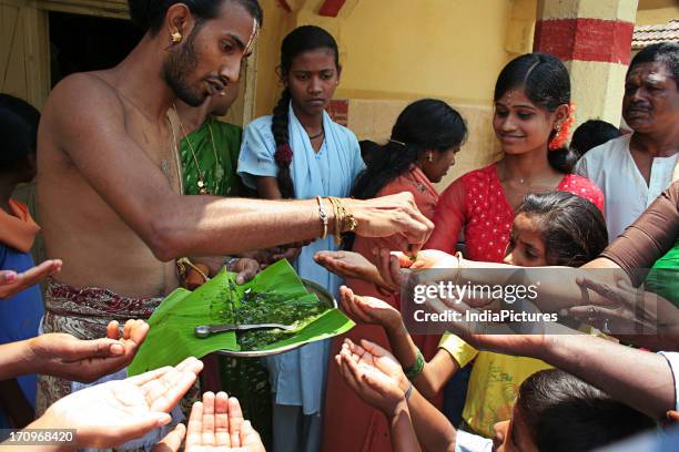 Brahmin priest distributing a mixture of Bevu-Bella to devotees during the Yugadi Festival which is the New Year's Day for people of the Deccan...