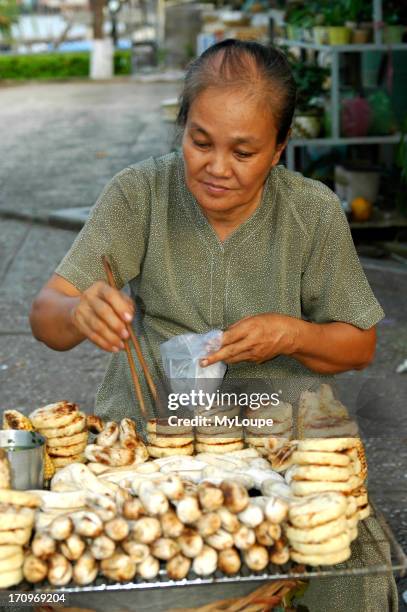 Female street vendor selling deep-fried bananas, Can Tho, Mekong Delta, Vietnam.