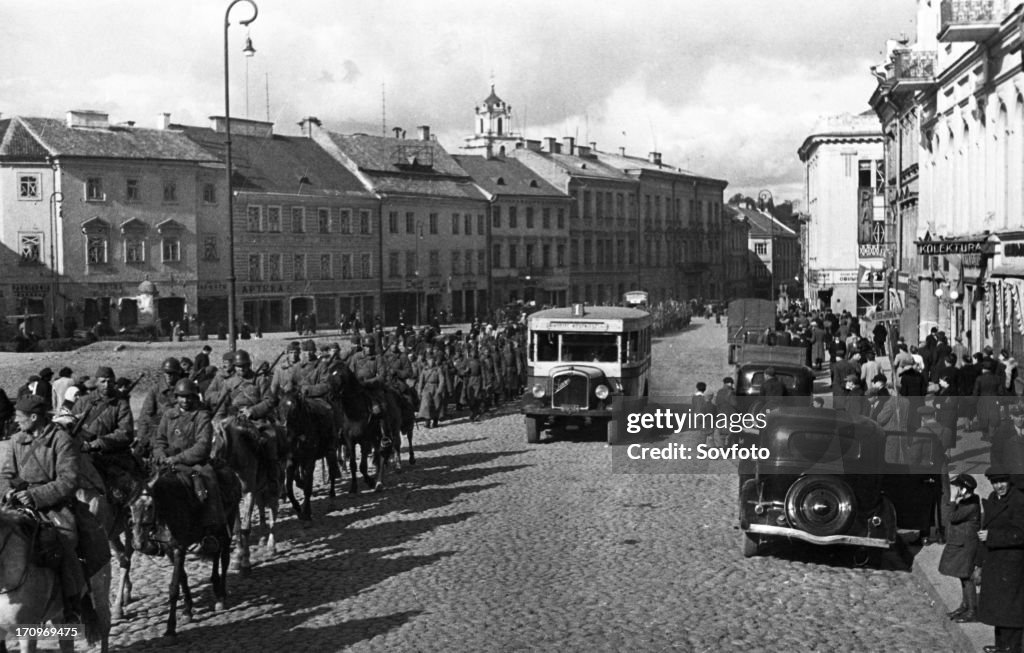 Units of the red army on the streets of vilno (vilna), vilno, capital of lithuania, was annexed by poland between 1920-1939, occupied by soviet army in september 1939, annexed with the rest of the lithuania to ussr in 1940.