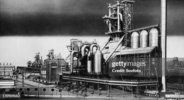 Detail of an aluminum model of the magnitogorsk steel works at the ussr pavillion of the 1939 world's fair in new york.