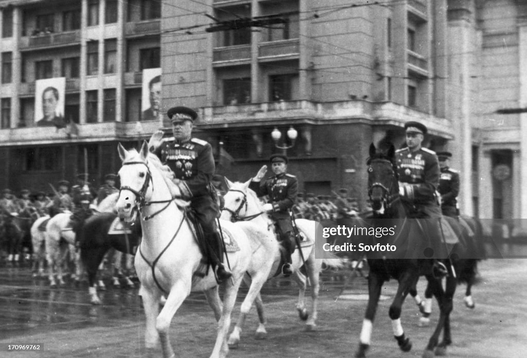 Marshals georgy zhukov and k, rokossovsky riding across red square prior to the victory parade on june 24, 1945.