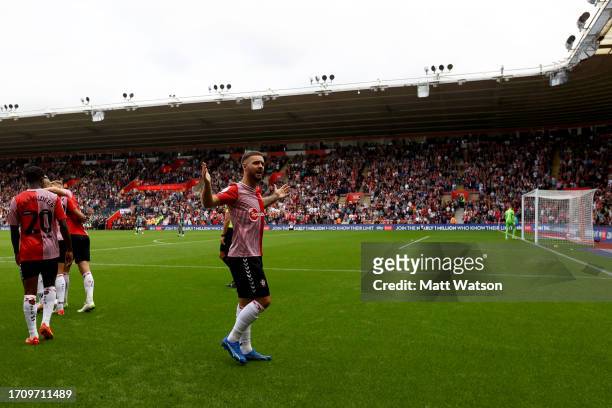 Adam Armstrong of Southampton celebrates after opening the scoring during the Sky Bet Championship match between Southampton FC and Leeds United at...