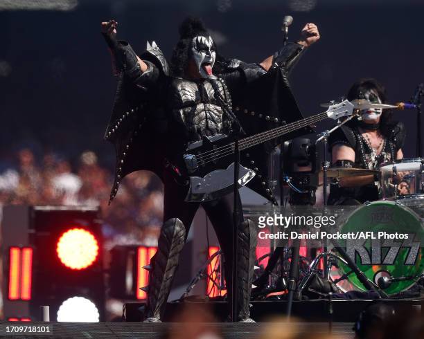 Gene Simmons of Kiss performs during the 2023 AFL Grand Final match between Collingwood Magpies and Brisbane Lions at Melbourne Cricket Ground, on...