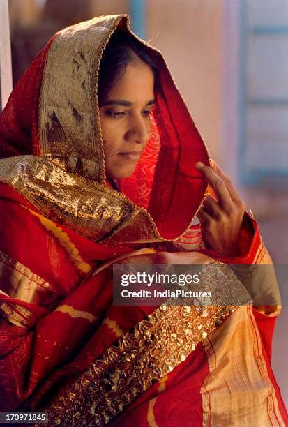 Traditional Kutchi bridal tie and dye orhni, Kutch, Gujarat, India.