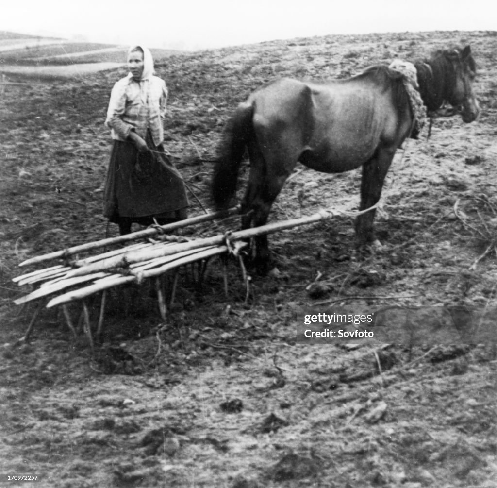 A peasant woman with horse tilling the soil on a farm in voronovo village on the volga in pre-revolutionary russia, 1900.