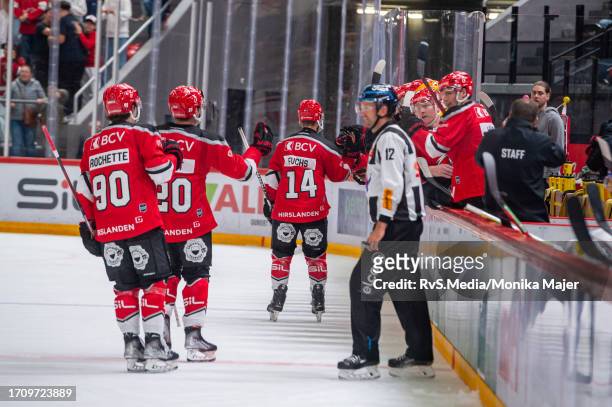 Jason Fuchs of Lausanne HC celebrates his goal with teammates during the Swiss National League match between Lausanne HC and SCRJ Lakers at Vaudoise...