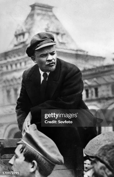Russian communist revolutionary leader, Vladimir Lenin , at a Vsevobuch military parade on the first anniversary of the foundation of the Soviet...