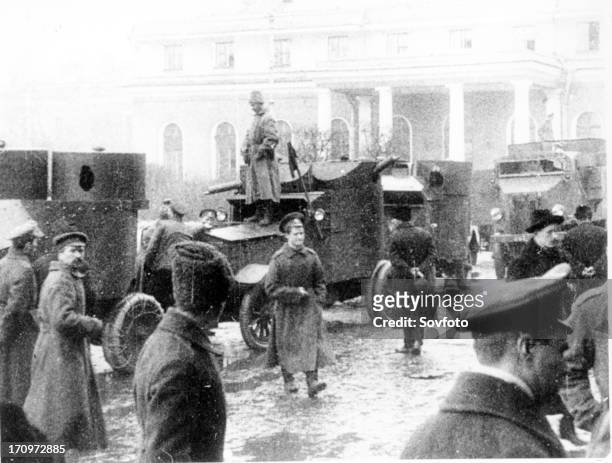 The red guards with armored cars during the days of the great october revolution, 1917.