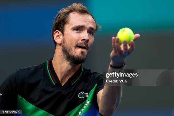 Daniil Medvedev of Russia serves in the Men's Singles Round of 16 match against Alex De Minaur of Australia on day five of 2023 China Open at the...