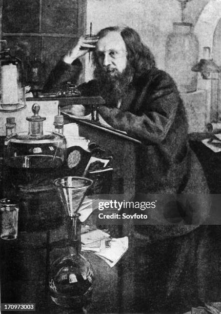 Dimitri ivanovich mendeleev, 1834 - 1907, the famous russian chemist in the laboratory of petersburg univesity.