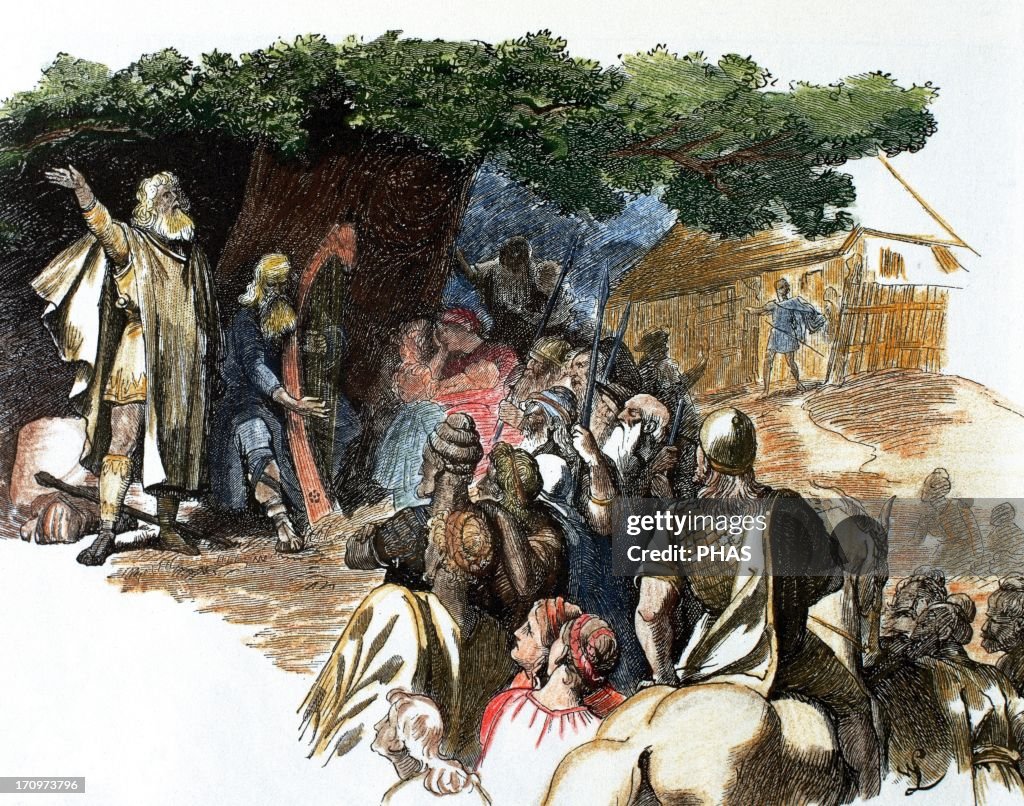 Germanic bards. Colored engraving.
