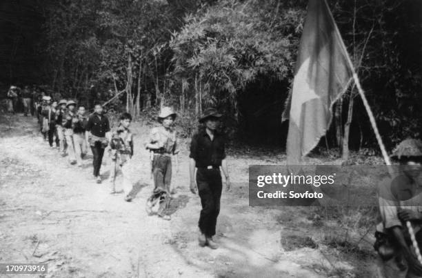 South vietnamese guerrillas file through the jungle along the ho chi minh trail, the flag with a yellow star on a red and blue background is always...