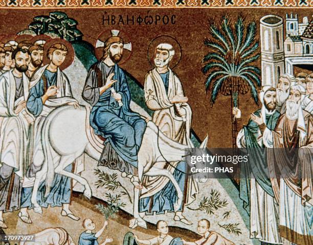 Byzantine Art. Italy. Jesus' triumphal entry into Jerusalem. Mosaic. Palace of the Normans or Royal Palace. Palatine Chapel. 12th century. Palermo....