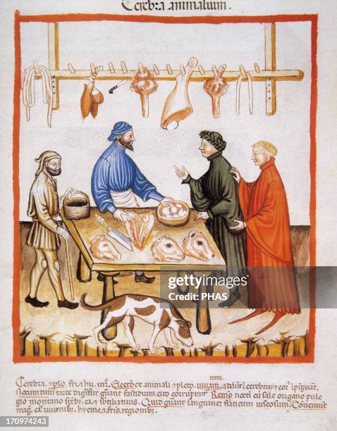 Tacuinum Sanitatis. 14th century. Medieval handbook of health. Butchery. Miniature. Fol. 77r.