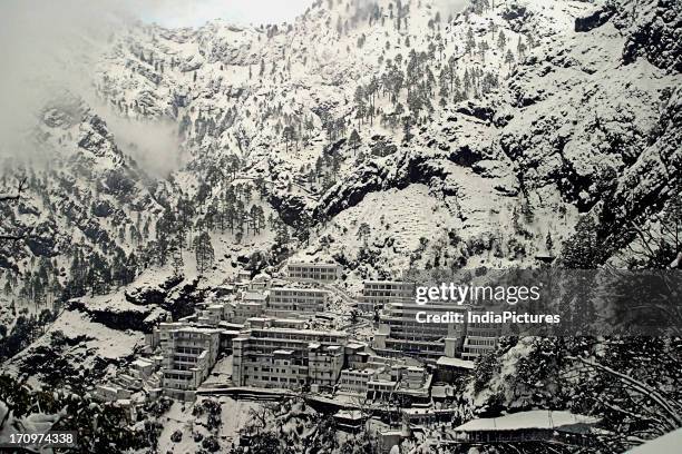 Snow covered Mata Vaishno Devi Temple in Katra town of Jammu and Kashmir, India.