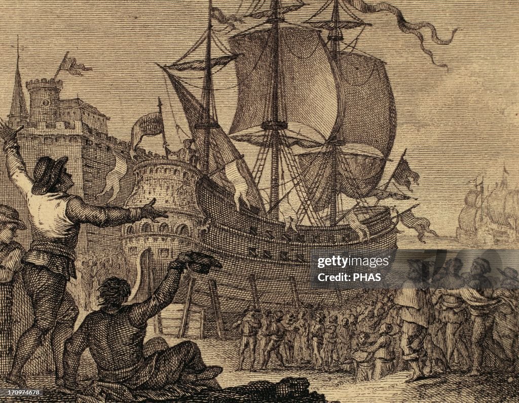 The ship Victoria in Seville. Engraving, 1807.