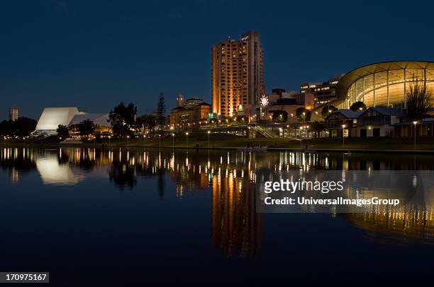 Adelaide city at night and Torrens River, Adelaide, South Australia, SA, Australia.
