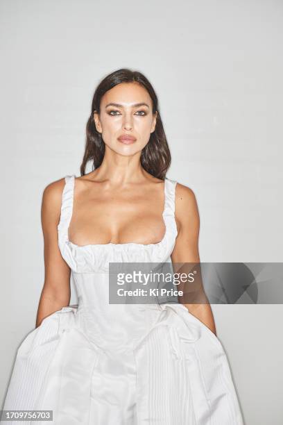Irina Shayk poses backstage prior to the Vivienne Westwood Womenswear Spring/Summer 2024 show as part of Paris Fashion Week on September 30, 2023 in...