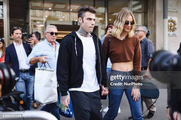 Fedez and Chiara Ferragni leaves Fatebenefratelli hospital on October 06, 2023 in Milan, Italy