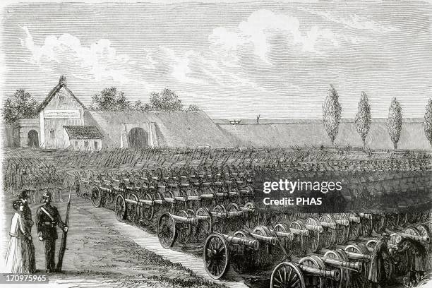 Franco-Prussian War . Cannons taken in Sedan. The Spanish Illustration, 1871. Engraving by Capuz.