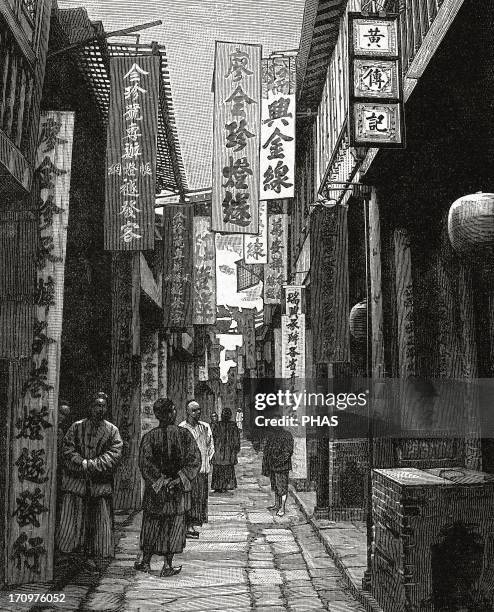 China. Canton . 19th century. Street. Engraving at "The Illustration Art", 1898.