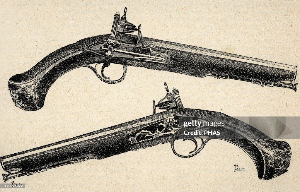 Pistols. 18th century. Engraving.
