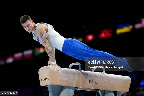 Illia Kovtun of Team Ukraine competes on Pommel Horse during Men's Qualifications on Day One of the FIG Artistic Gymnastics World Championships at...