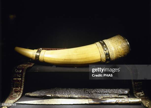 Oliphant of Charlemagne. C. 1000. Ivory. Hunting knife and sheath . Aachen Cathedral Treasury. Germany.