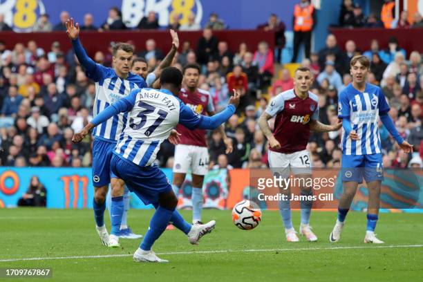Ansu Fati of Brighton & Hove Albion scores the team's first goal during the Premier League match between Aston Villa and Brighton & Hove Albion at...