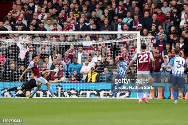 Ansu Fati of Brighton & Hove Albion scores the team's first goal during the Premier League match between Aston Villa and Brighton & Hove Albion at...