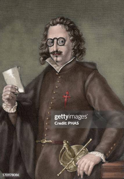 Quevedo y Villegas, Francisco de . Spanish writer, nobleman and politician of the Baroque era. Colored engraving after a painting by R. Ximeno.