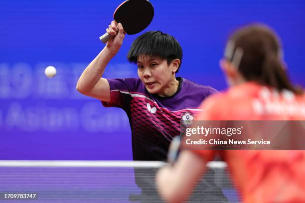 Cheng I-Ching of Team Chinese Taipei compete against Hina Hayata of Team Japan in the Table Tennis - Women's Singles Quarterfinal on day seven of the...