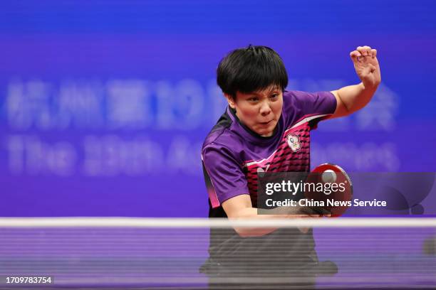 Cheng I-Ching of Team Chinese Taipei compete against Hina Hayata of Team Japan in the Table Tennis - Women's Singles Quarterfinal on day seven of the...