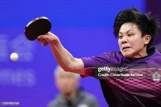 Cheng I-Ching of Team Chinese Taipei compete against Hina Hayata of Team Japan in the Table Tennis - Women's Singles Quarterfinal on day seven of the...