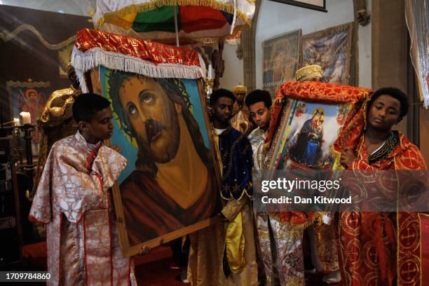 Members of the Ethiopian community take part in a joint celebration of Meskel, and the restitution of a sacred Tabot at the Ethiopian Orthodox Church...