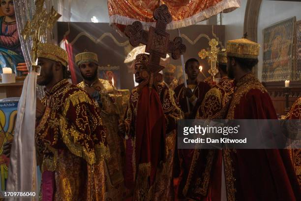 Members of the Ethiopian community take part in a joint celebration of Meskel, and the restitution of a sacred Tabot at the Ethiopian Orthodox Church...