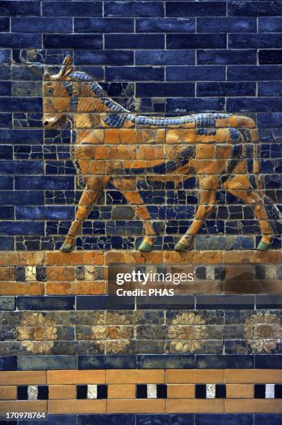 Mesopotamian art. Neo-Babylonian. Ishtar Gate, one of the eight gates of the inner wall of Babylon. Built in the year 575 B.C. During the reign of...